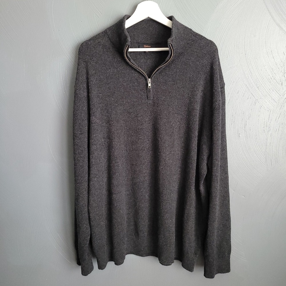 QUINCE Sweater Mens Size XXL 100% Mongolian Cashmere Charcoal Gray Quarter Zip
